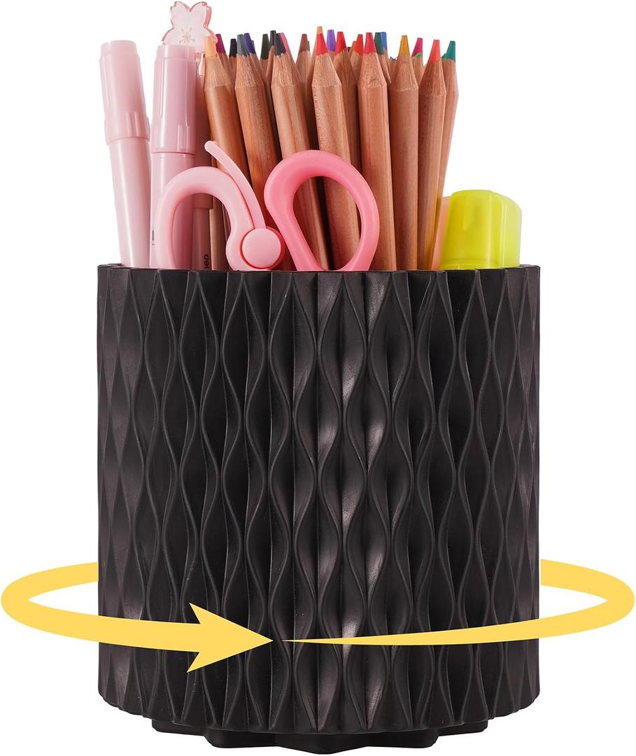 Black Pen Holder for Desk, 360 Rotating Pen Organizer with 5 Slots - Spinning Pencil Holder & Pencil Cup for Office, Art Supply, Makeup Brush - Desk Organizer for Home, School