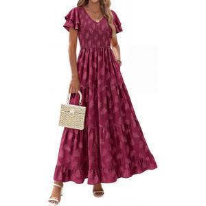 dowerme Maxi Dresses for Women 2026 Summer Ruffle Sleeve V Neck Smocked A Line Floral Boho Tiered Sundress Spring Outfit (Medium, Burgundy)