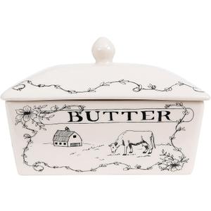 Creative Co-Op Country Stoneware Butter Dish with Lid, "Spread the Love" Message, and Farm Line Drawing, White and Black, Food, Microwave, and Dishwasher Safe