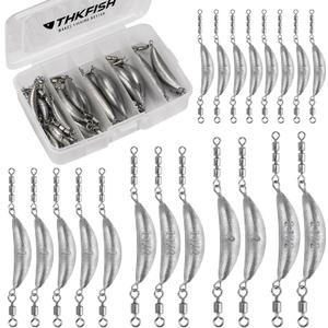 THKFISH Fishing Spin SinkerCrescent Sinker with 3 Roller Swivels Fishing Sinker Drop Shot Weights Fishing Weights Kit Inline Trolling Sinkers,Torpedo Sinkers Saltwater Freshwater,1/2-6OZ, sliver (MIX)