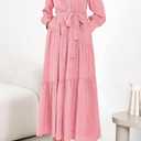 dowerme Women's Casual Dresses 2025 Fall Fashion Long Sleeve Button Up Floral Print Belted Tiered Boho Maxi Party Dress (Pink, M)