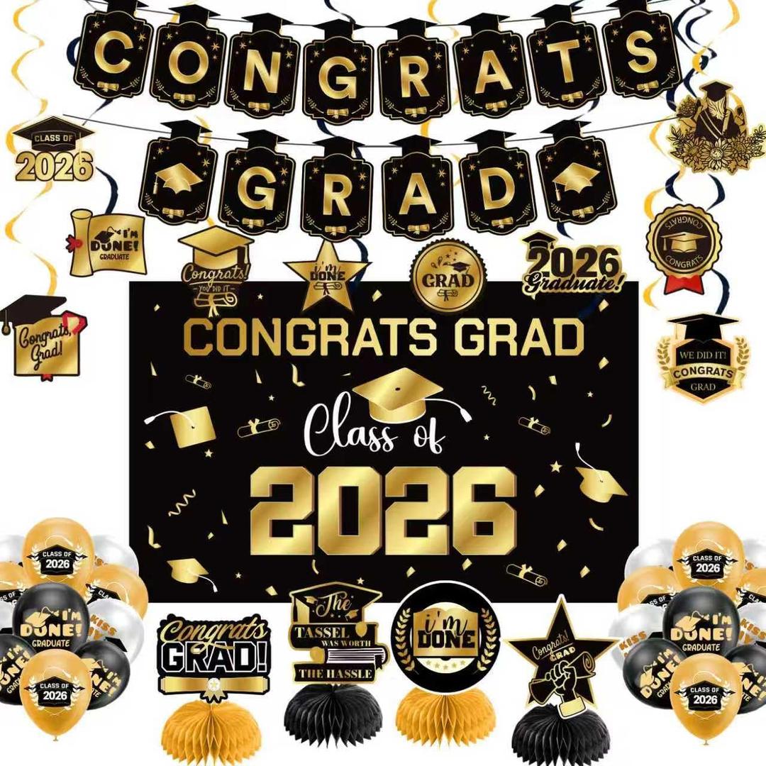 Graduation Decorations 2026 Gold Themed Set - Congrats Grad Banner, Class of 2026 Backdrop, Balloons & Streamers Kit - Complete Party Supplies for High School & College Celebrations