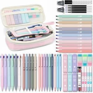 Four Candies 56 PCS Aesthetic School Supplies with Cute Pencil Case, 6 Multicolor Pen, 12 Pastel Highlighters, 5 Gel Pens Black Ink, 9 Mechanical Pencils for Student Stationary Set Preppy Stuff (Pink)