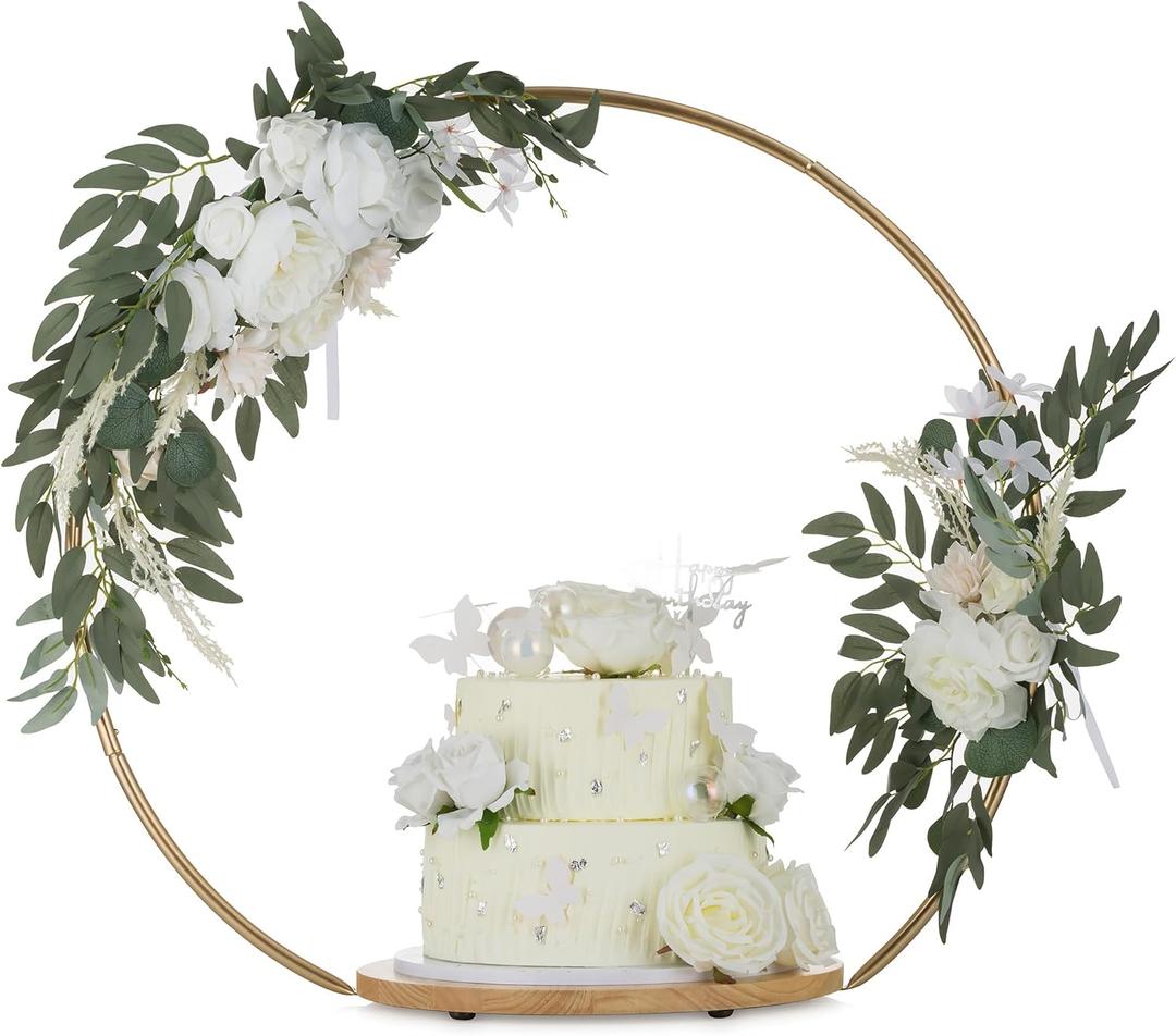 NUPTIO Wedding Cake Stand Pedestal: 14 Inch Cupcake Display Wooden Floral Arch Stands with Gold Metal Hoop Table Centerpieces Decoration for Birthday Tea Party Banquet Christmas Anniversary (14.2")