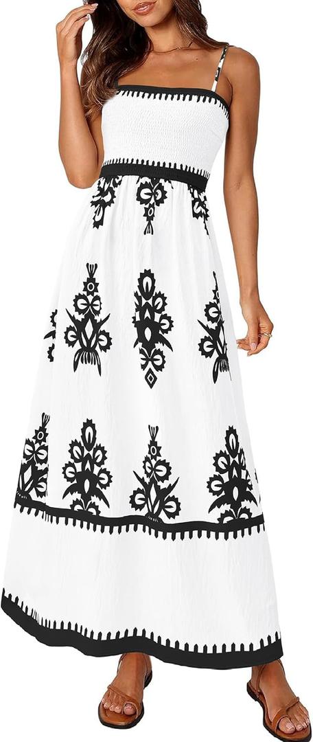PRETTYGARDEN Summer Dress for Women 2025 Floral Sundress Spaghetti Strap Flowy Beach Vacation Boho Maxi Dresses (Large, White Black Floral)