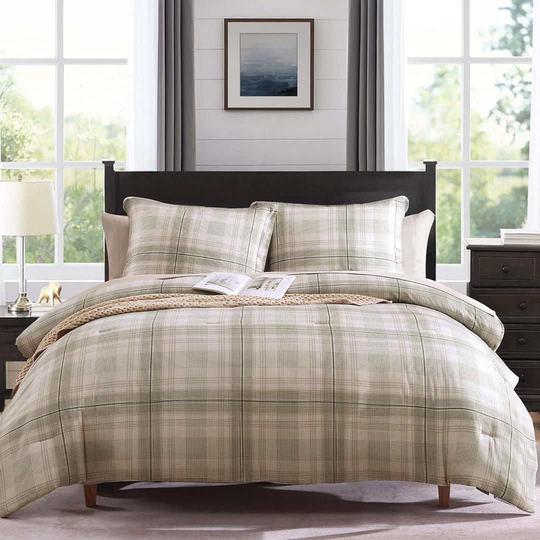 MaiRve Plaid Queen Comforter Sets, Khaki Green Grid Farmhouse Bedding Set Bed in A Bag, Classic Checkered Comforter Sets with Fitted & Flat Sheet, Pillowcases & Shams 90"x90"