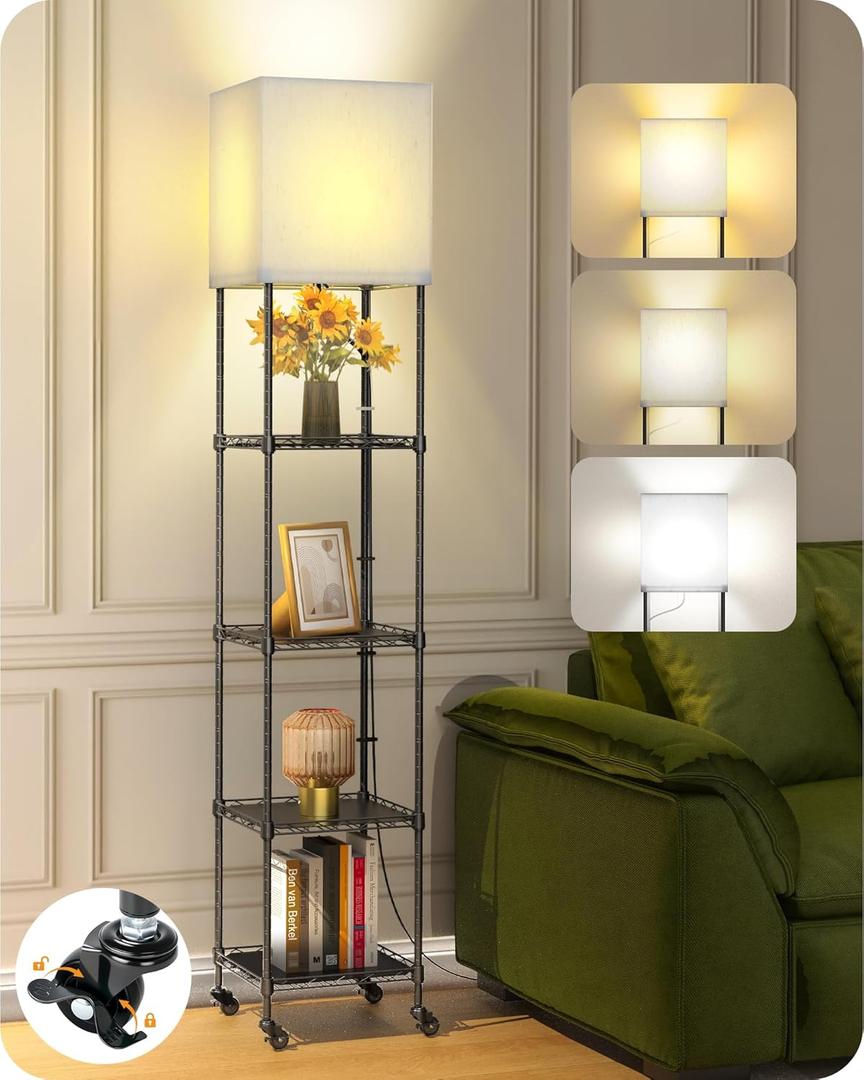 Floor Lamp with Shelves, 73" Tall Adjustable Standing Shelf Lamp with Dimmable LED Bulb & Linen Shade, 5-Tier Metal Storage Rack, Modern Display Shelf for Living Room, Bedroom, Office or Corner Space