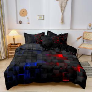 Checkered Duvet Cover Set Queen Size, Red and Blue Grid Printed Quilt Personalized Geometric Square Grid Bedding Set Modern Abstract Check Quilt Cover for All Season (1 Duvet Cover + 2 Pillowcase)