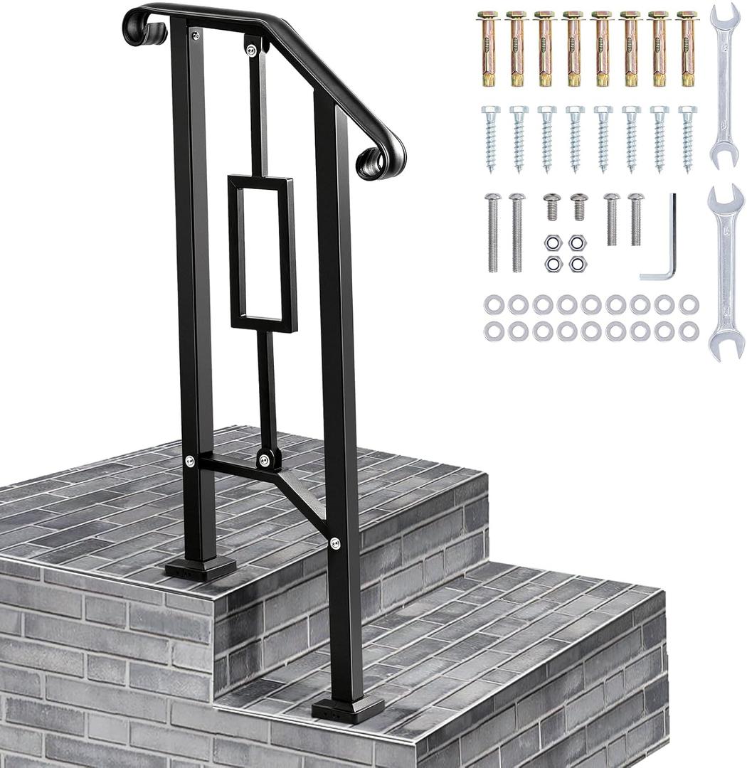 Black Outdoor Handrails - Heavy Duty Double Post Railing Fits 1-2 Steps with Installation Kit - Matt Iron for Concrete Porch