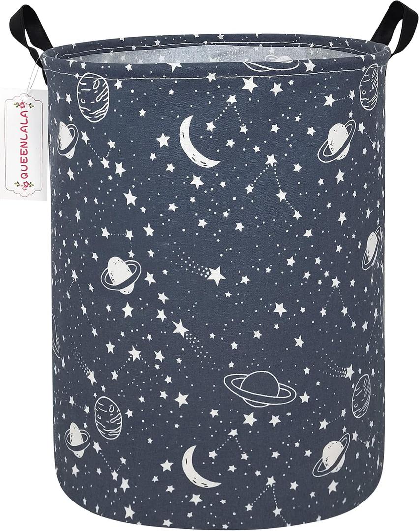 QUEENLALA Large Storage Basket,Laundry Hamper/Bathroom/Home Decor/Collapsible Round Storage Bin,Boys and Girls Hamper/Boxes/Clothing(Round-blue-starry sky)