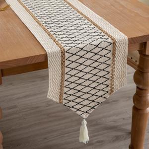 Table Runner, Boho Style with Tassels, Cotton & Linen, Farmhouse Home Decor for Living Room Dresser Scarfs (12x36Inch, Black & Beige)