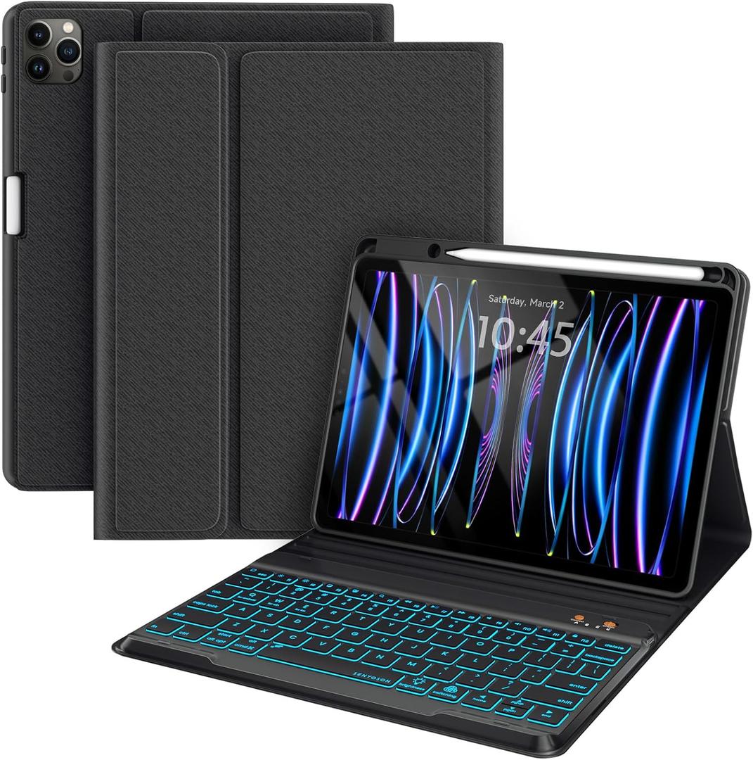 Keyboard Case for iPad Pro 12.9 inch Compatible for iPad 12.9-inch 2022/2021/2020 (6th/5th/4th Gen) with Pencil Holder,Smart Folio Tablet Cover with 7 Color Backlit Detachable Wireless Keyboard