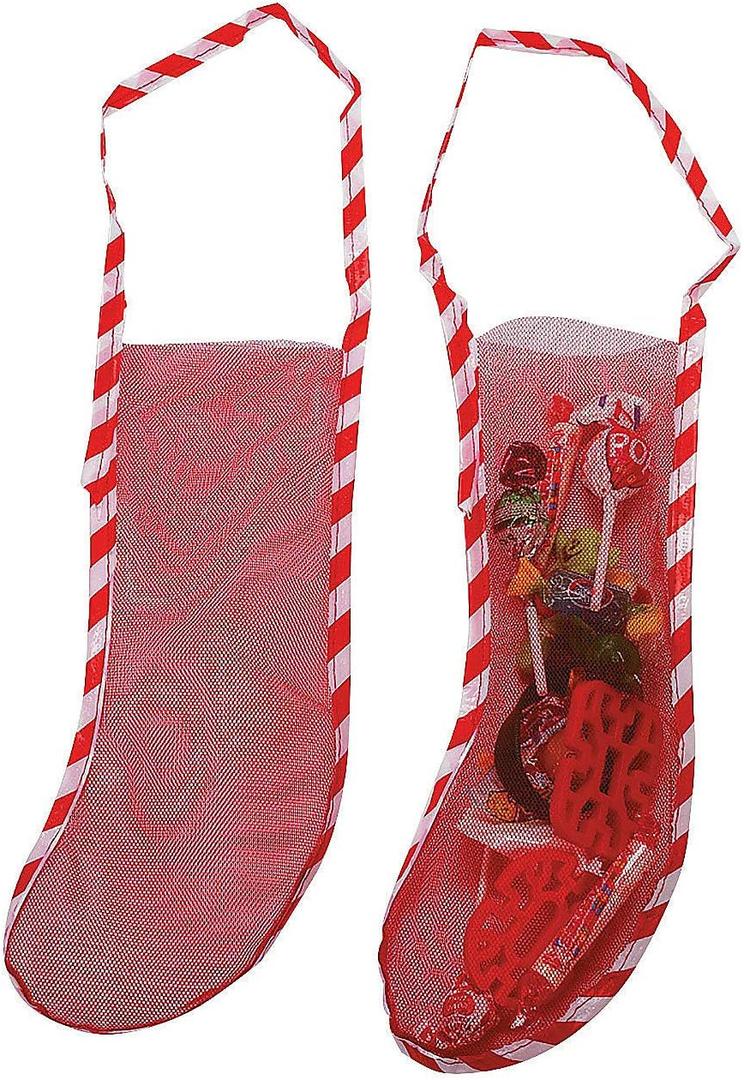 Fun Express Mini Christmas Stockings Bulk 10 Pack - Red Mesh Holiday Stockings for Kids Classroom Party Favors | Small 12 Inch Plastic Goody Bags for Candy & Treats | Christmas Party Decor Supplies