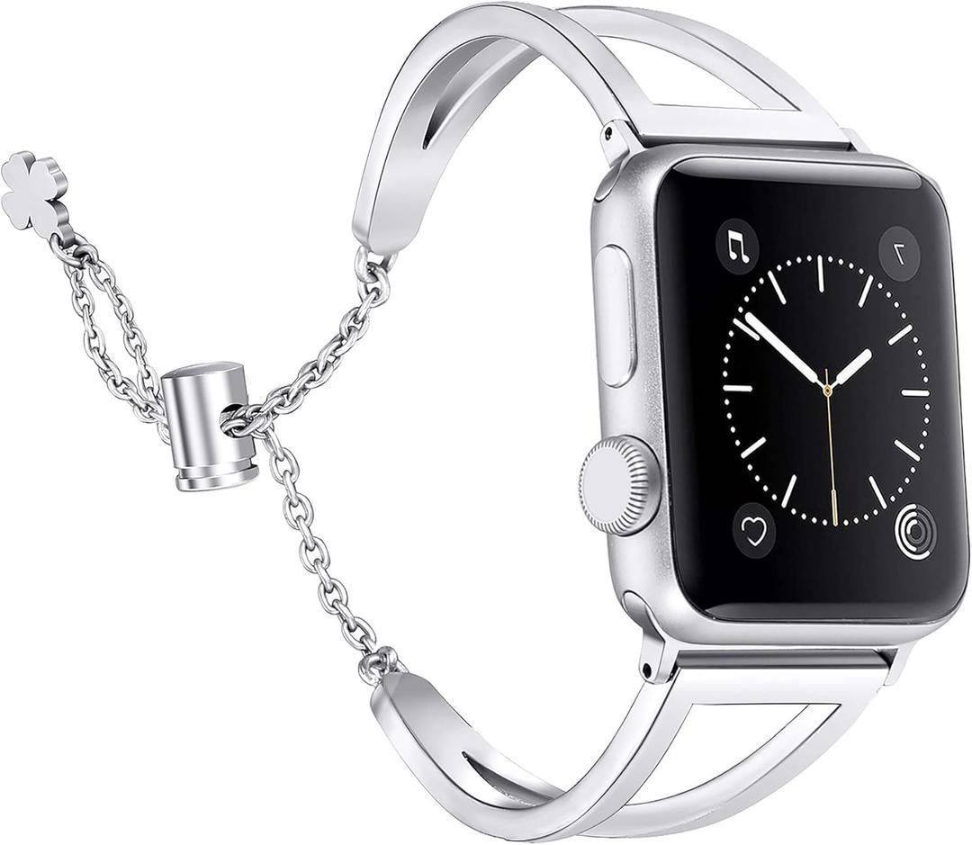 Secbolt Stainless Steel Bands Compatible with Apple Watch Band 42mm 44mm 45mm 46mm 49mm iWatch Series 11/ 10/ 9/ Ultra/ SE/ 8/ 7/ 6/ 5/ 4/ 3/ 2/ 1, Dressy Metal Bangle Bracelet Women, Silver