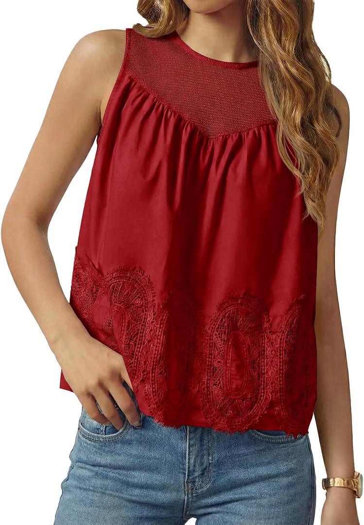 Tankaneo Womens Lace Tank Tops Summer Casual Mesh Loose Fit Sleeveless Blouses Pleated Crew Neck Tees Shirts (S)