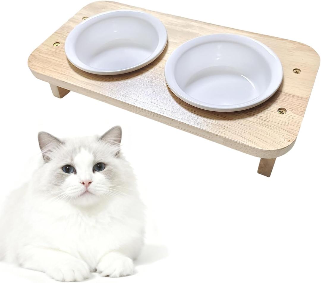 Raised Cat Food Bowls with 15 Tilt & Wood Base  Cat Food and Water Bowl Set, Upgraded Anti-Vomit Feeder Station with 2 Ceramic Dishes for Your Kitten or Puppy, Dishwasher Safe