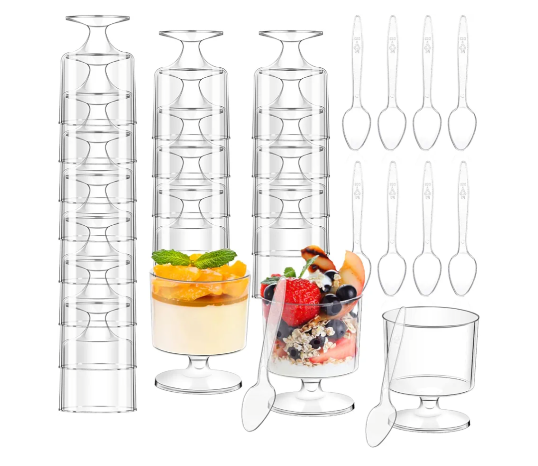 120 Pcs Dessert Cups with Spoons 60 Pcs 5 OZ Mini Clear Plastic Dessert Parfait Cup 60 Pc Spoons for Party Small Round Serving Goblet Wine Shot Disposable Fruit Ice Cream Mousse Pudding Appetizer Bowl