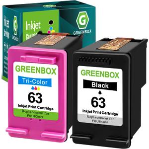 GREENBOX 63 Ink Cartridges Combo Pack Replacement for HP 63 63 Ink Cartridge Black and Color for Envy 4512 4520 Officejet 3830 4650 5255 Deskjet 1112 3634 3632 3639 Printer Ink 63, 2 Pack 63 Ink
