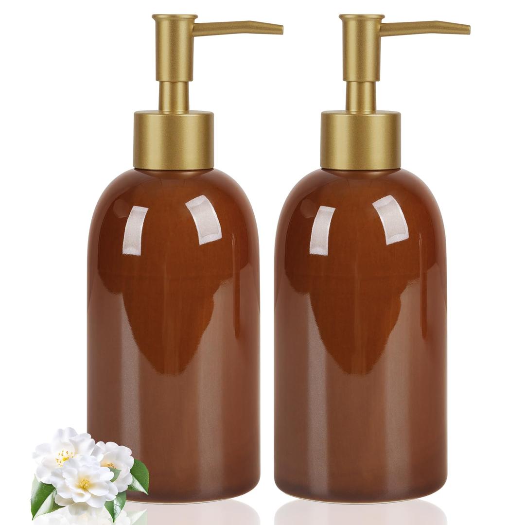 Natheeph 14OZ Ceramic Soap Dispenser Ceramic Soap Pump Dispenser Can Fill Liquid for Bathroom/Kitchen (2PC Brown)