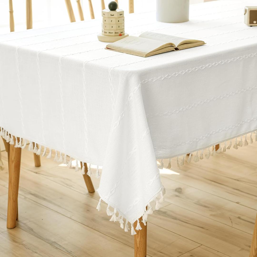 White Linen Tablecloth for Rectangle Table Farmhouse Boho Cotton Blend Table Cloth Embroidered with Tassel Kitchen Dining Room Wrinkle Free Rustic Oblong Table Cover for Birthday Party, 55x86 Inch