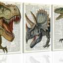 Ovczax 3 Pieces Dinosaur Canvas Wall Art - Tyrannosaurus Rex, Triceratops, Velociraptor Decor For Kids Room Game Room, Living Room, Bedroom 24" x 16"