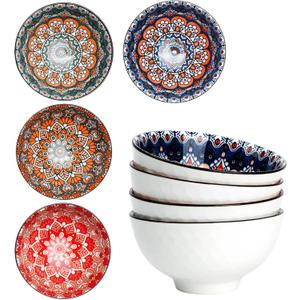 Bohemian Ceramic Bowls Set, 4.5 Inch Porcelain Cereal Bowls, Vintage Boho Style for Rice, Soup, Cereal,Salad,Decorative Set for Kitchen & Dining (Set of 4)