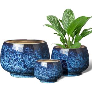 Ceramic Planters Pots, 6+8+10 Inch Plant Pots with Drainage Holes, Modern Flower Pots Indoor Outdoor, Round Large Flower Pots, Blue (Reactive Glaze Blue) Pack of 2