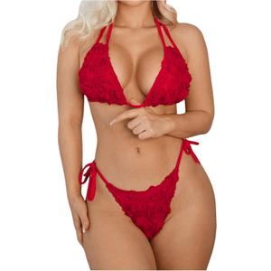 SweatyRocks Women's 3D Floral Halter String Bikini Set Cut Out Backless 2 Piece Swimsuit (Red) S SweatyRocks Women's 3D Floral Halter String Bikini Set Cut Out Backless 2 Piece Swimsuit (Red) S