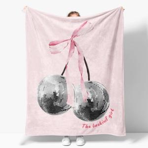 Preppy Pink Cherry Bow Throw Blanket, Retro Disco Ball Soft Fluffy Blanket, Coquette Pink Christmas Blanket Gift for Women Girls Couch Sofa Bedroom Room, 50x60 Inches