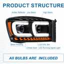 Fullux LED DRL Headlights Assembly for 2006-2008 Dodge Ram 1500 | for 2006-2008 Ram 2500 3500 Replacement Headlamp w/Running Light Bar Black Housing Amber Reflector