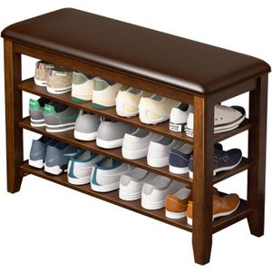 Entryway Shoe Storage Bench with Leather Cushion, Shoe Organizer Bench for Entryway, Ideal for Hallways Front Doors Entrances Mudrooms Featuring Rubberwood And 3 Height-Adjustable and Removable Shelve, 31.5", Walnut-Leather Cushion