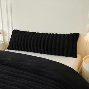 MEGO Fluffy Faux Rabbit Fur Body Pillow Cover, Soft Plush Fuzzy Wide Striped 20x54 Body Pillowcase with Zipper, Home Decorative Shaggy Furry Ribbed Long Pillow Cover for Bed Couch Sofa Bedroom, Black