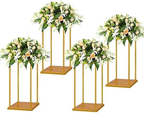 YALLOVE Gold Flower Stand Set of 4, 15.75 Inch Tall Metal Square Centerpieces for Wedding Reception Table Decoration, Plant Display Rack at Home, Geometric Flower Holder with Top and Bottom Plate