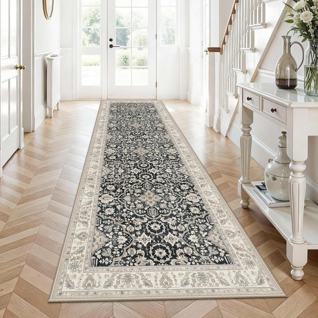 Non Slip Runner Rug for Hallway Long Carpet Runners 3x10 Black Beige - Soft Thin Washable Stain and Spill Resistant for Wide Entryway Laundry Room - Distressed Vintage Kitchen Rugs