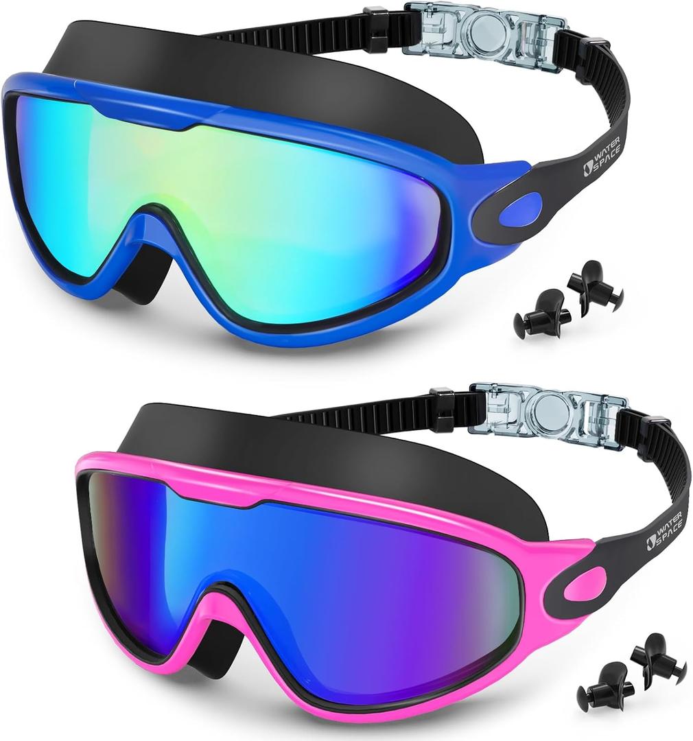 Water Space Swim Goggles 2 Pack for Adult Men Women, Anti-fog UV Protection No Leak 180 Wide View Clear Vision Pool Goggles