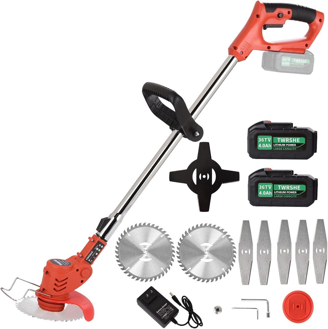 Electric Brush Cutter Stringless Weed Wacker Battery with 3Function Blades,Cordless Brush Cutter Battery Powered by 2Pcs 4Ah Batteries,Weed Trimmer for Garden Yard Brush Trimming,Lightweight (Red)
