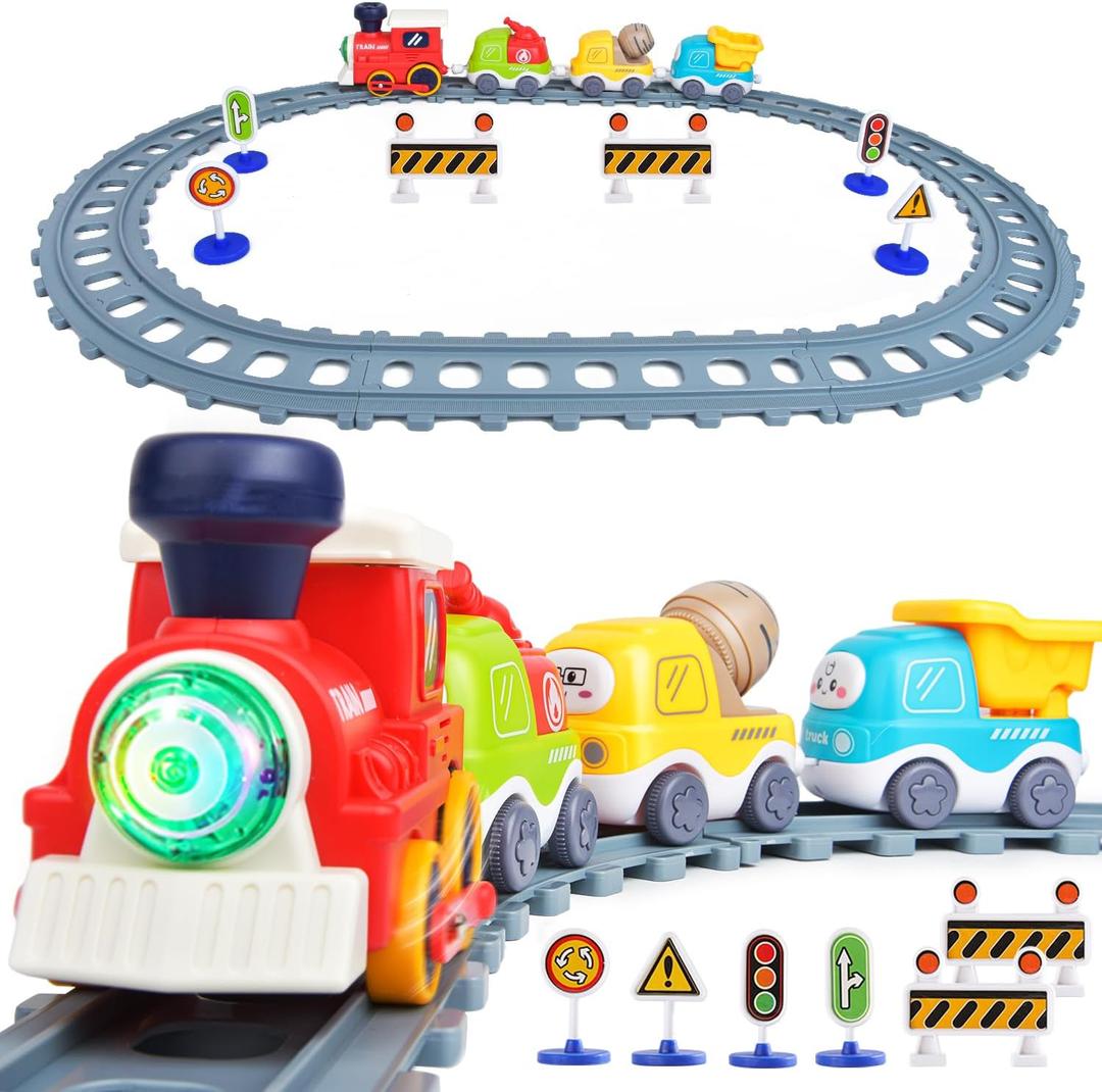 Electric Train Set for Toddlers,Train Toys with Lights,Realistic Music Sound, Steam Spray,Traffic Sign, Magnetic Train Connection Car Toys with Tracks,Christmas Birthday Gifts for Kids Boys Girls