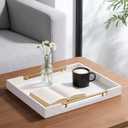 Sagala 24"x24" Oversized Ottoman Tray with Handles for Living Room, Beige Faux Leather Decorative Tray for Coffee Table Large Serving Tray to Serve Foo (Beige-Gold Handle, 24x24Inch)