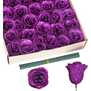 Glitter Roses Bouquet,30PCS Fake Purple Roses Glitter Flowers for Crafts Wedding Bouquet Party Christmas Home Decor(Dark Purple)