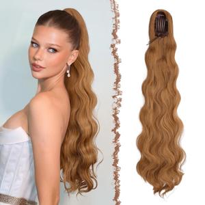 FESHFEN Long Drawstring Ponytail Extension, 30 Inch Wavy Curly Comb Clip in Ponytail Hair Extensions Synthetic Pony Tails Clip on Hairpieces for Women, Strawberry Blonde