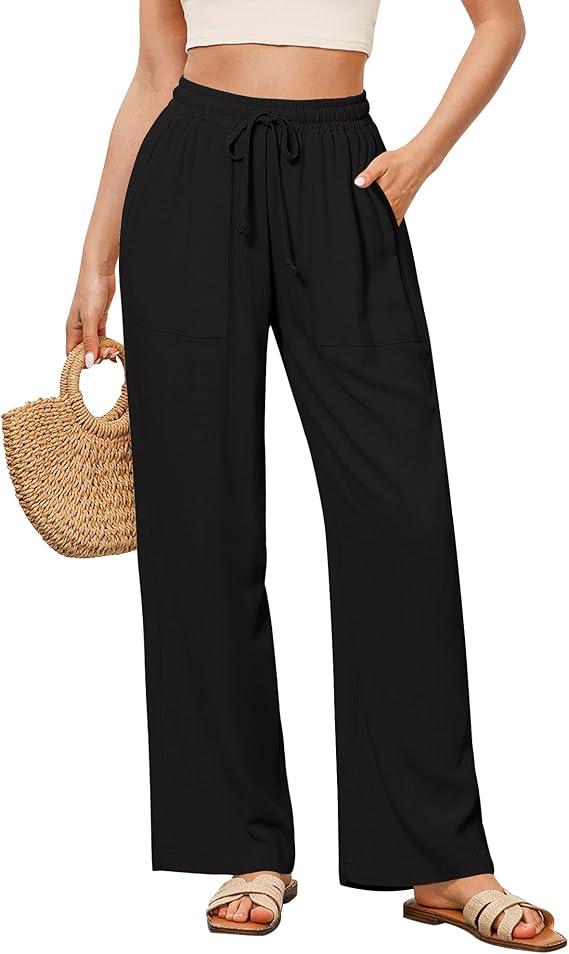 GRAPENT Linen Pants for Women Wide Leg High Waisted Baggy Drawstring Elastic Waist Palazzo Trousers Pants with Pockets, Medium