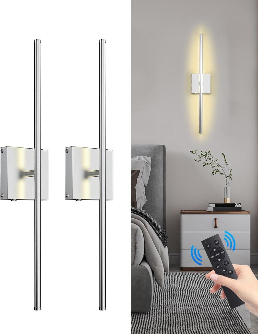 Battery Operated Wall Sconce with Remote Control,Wall Sconces Set of Two,3000K-6500K LED Wireless Wall Light for Bedroom, Hallway, Living Room, 350Rotate,26.6 Inch, Nickel(2 Pack)