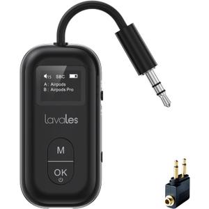 Bluetooth 5.3 Transmitter Receiver for Airplane to 2 Headphone  AptX Low Latency, 100ft Long Range, 25H Playtime, 2-in-1 Wireless Bluetooth Audio Adapter W/Screen for TV, Tablets, Speakers (Black)