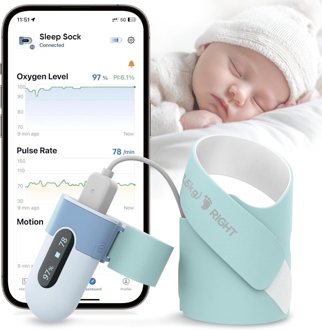 Baby Sleep Sock Monitor, Track Babys Movement, Baby Foot Monitor with Bluetooth and APP, Smart Baby Monitor for 0-36 Months