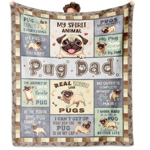 Pug Gifts for Men, Pug Blankets 60''x50'', Pugs Gifts for Lovers Dad, Puppy Gifts for Boy, Gifts for Pugs Dog Owners Lovers Man Decorations Throw Blanket for Christmas Fathers Day Birthday