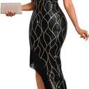 Cololura Women Sequin Elegant Sexy Tassels One Shoulder Mermaid Bodycon Cocktail Evening Midi Party Formal Dress, Size X-Large (Blackgold)