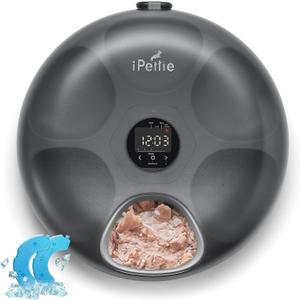 iPettie Donut Frost 6 Meal Cordless Automatic Pet Feeder, Dry & Wet Food Automatic Cat Feeder with Two Ice Packs, Rechargeable Massive Battery, Programmable Timer, Holds 6 x  lb. of Food (Black)