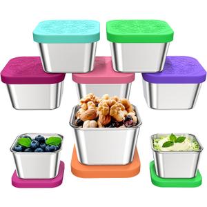 8Pack 6oz Stainless Steel Snack Containers and 2oz Salad Dressing Container To Go, Easy Open Leak Proof Metal Snack Containers With Silicone Lids, Reusable Lunch Box for Office, Picnic, Travel