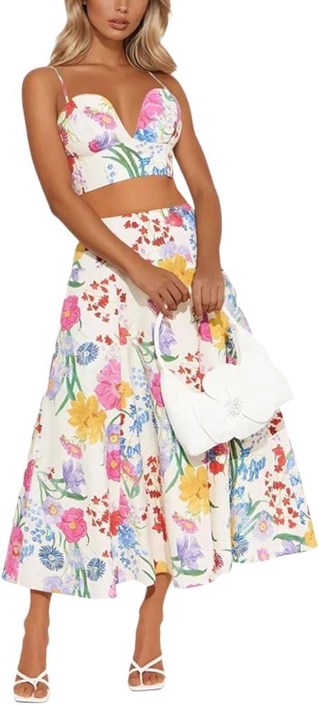 THLAI Women Maxi Skirt Sets Floral Print V-Neck Cami Top and Flowy Pleated Maxi Skirt Set Summer Vacation Outfits