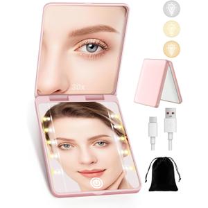 Compact Mirror, Rechargeable 30X Magnifying Mirror with 3 Lighting Modes & Dimmable Brightness, Portable Travel Makeup Mirror with Light, Essentials for Travel, Pocket, Purse Pink